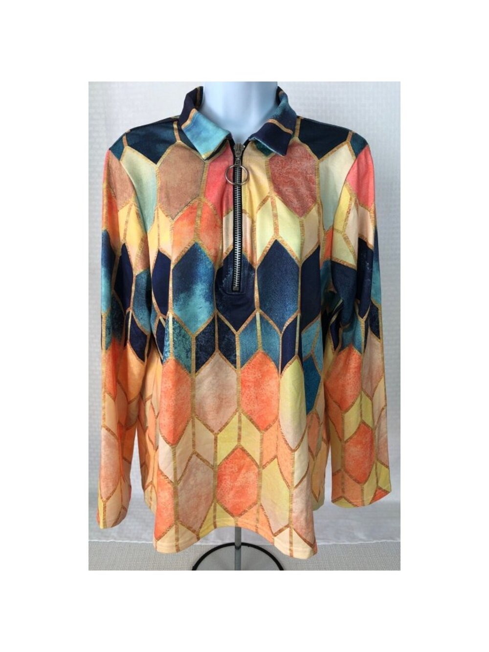 Sheilay Top Size M 3/4 Zip Long Sleeves Blue Yellow Hexagon Pattern Orange New
